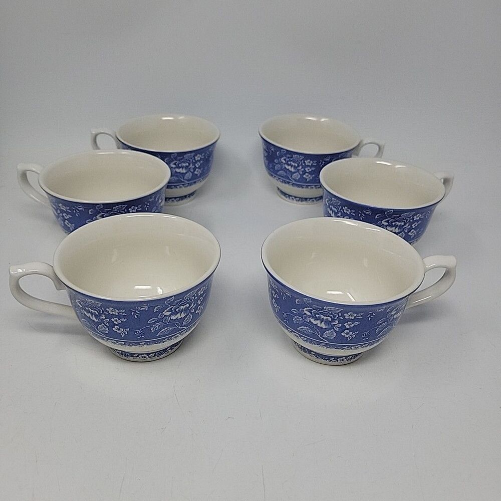 Queen's Albertine Blue and White Floral Fine Bone China Coffee Tea Cup Set of 6